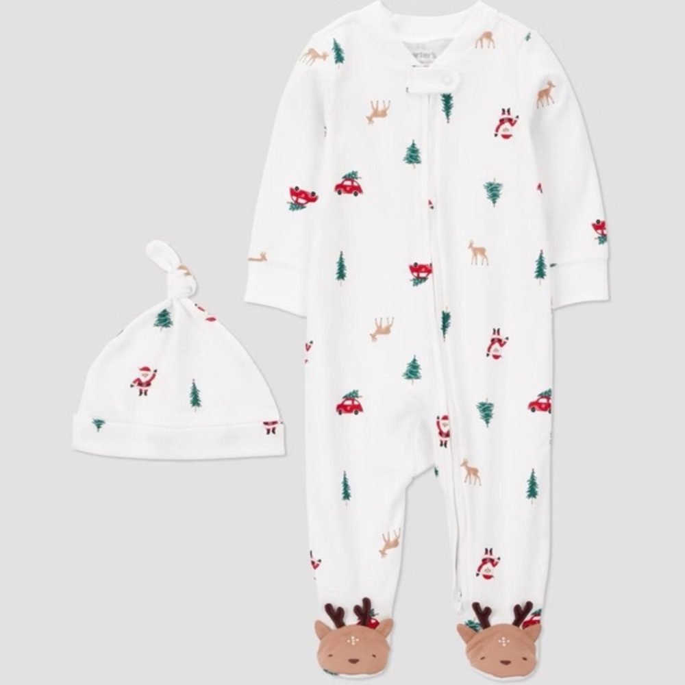 Carter's nwt Baby Christmas Village Sleep N' Play with Hat - Off-White